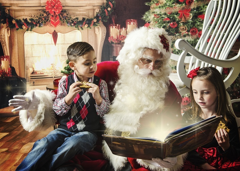 Professional Santa Claus in San Jose California reading to children during a holiday event