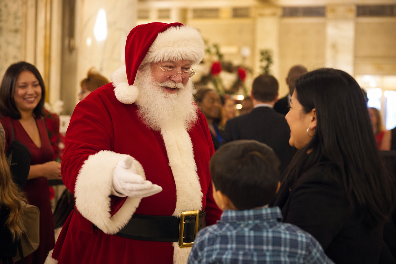 Professional Santa Claus greeting families at a Sacramento California community holiday reception