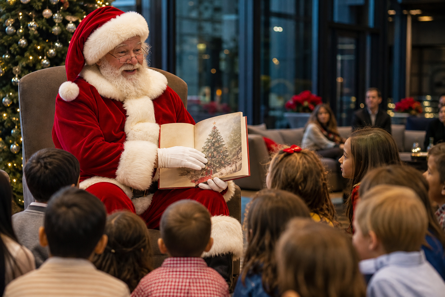 Professional Santa Claus greeting families at a San Jose California corporate holiday event Professional Santa Claus greeting families at a San Jose California corporate holiday event