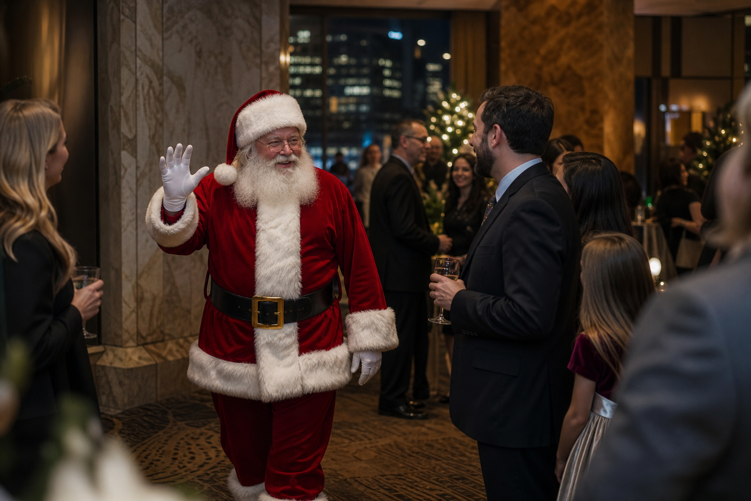 Professional Santa Claus arriving at a Cincinnati Ohio corporate holiday reception Professional Santa Claus arriving at a Cincinnati Ohio corporate holiday reception