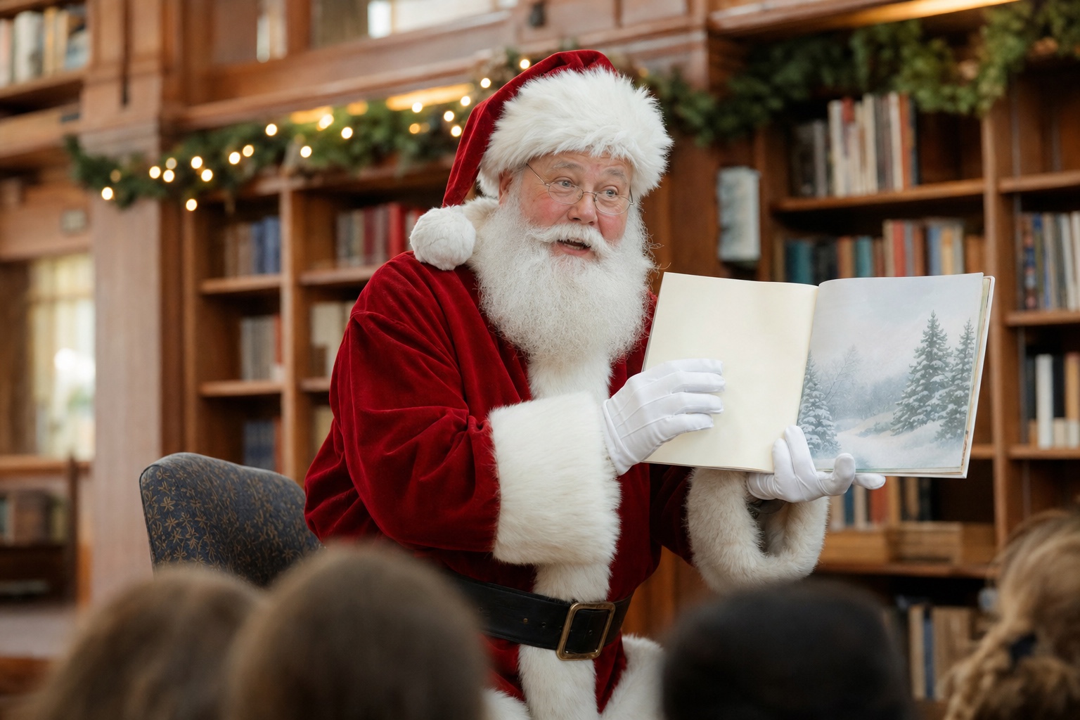 Professional Santa Claus leading an Arlington Texas community holiday storytime