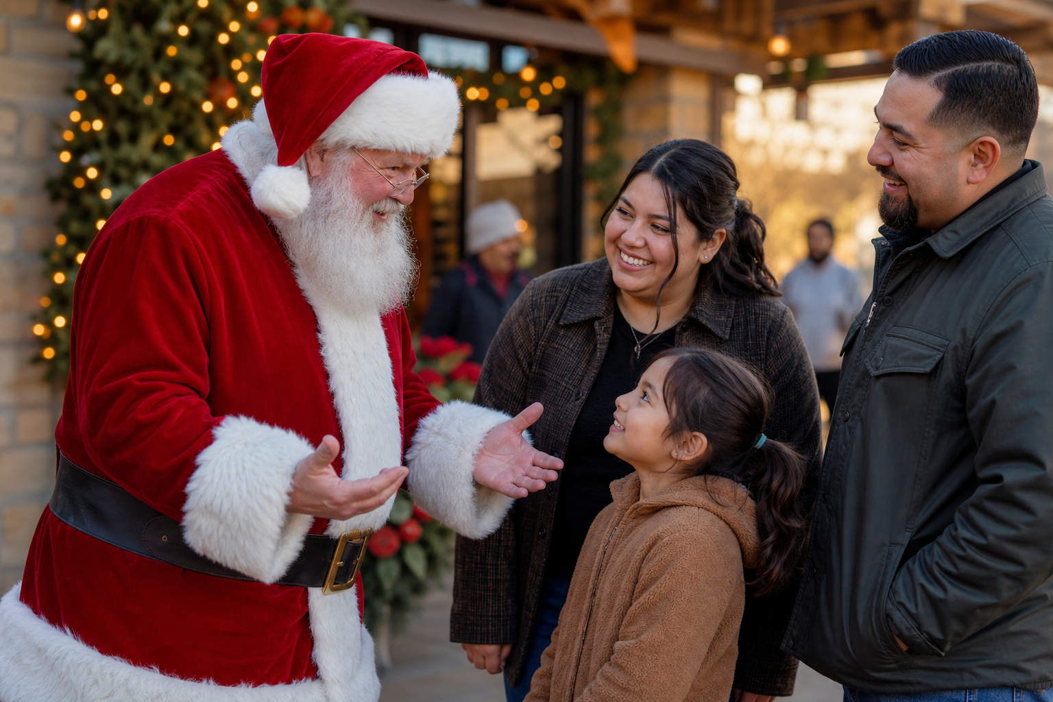 Professional Santa Claus greeting families at a Fresno California holiday event