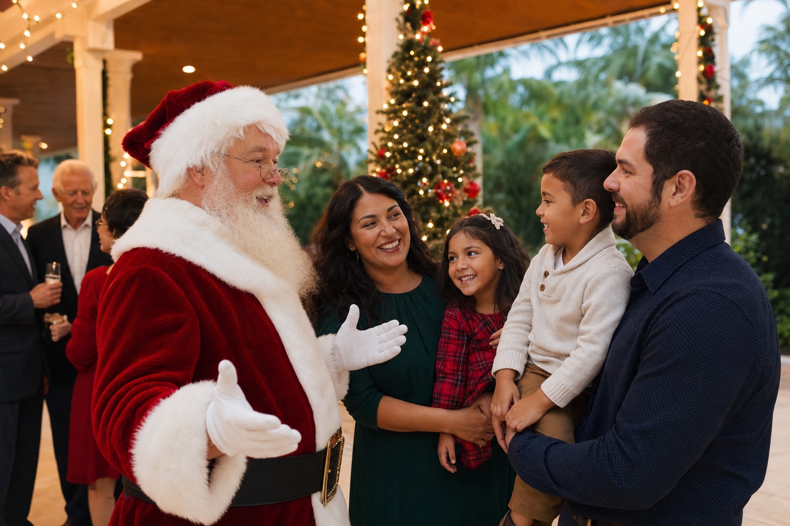Professional Santa Claus greeting families at an Orlando Florida holiday event
