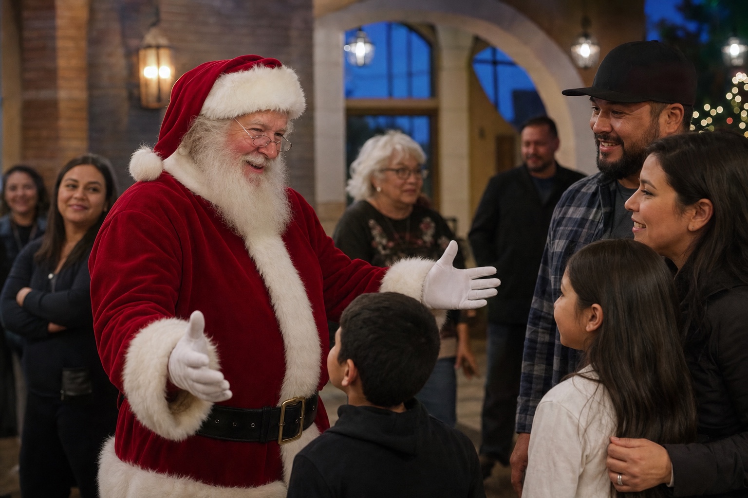 Professional Santa Claus greeting families at a Riverside California holiday event