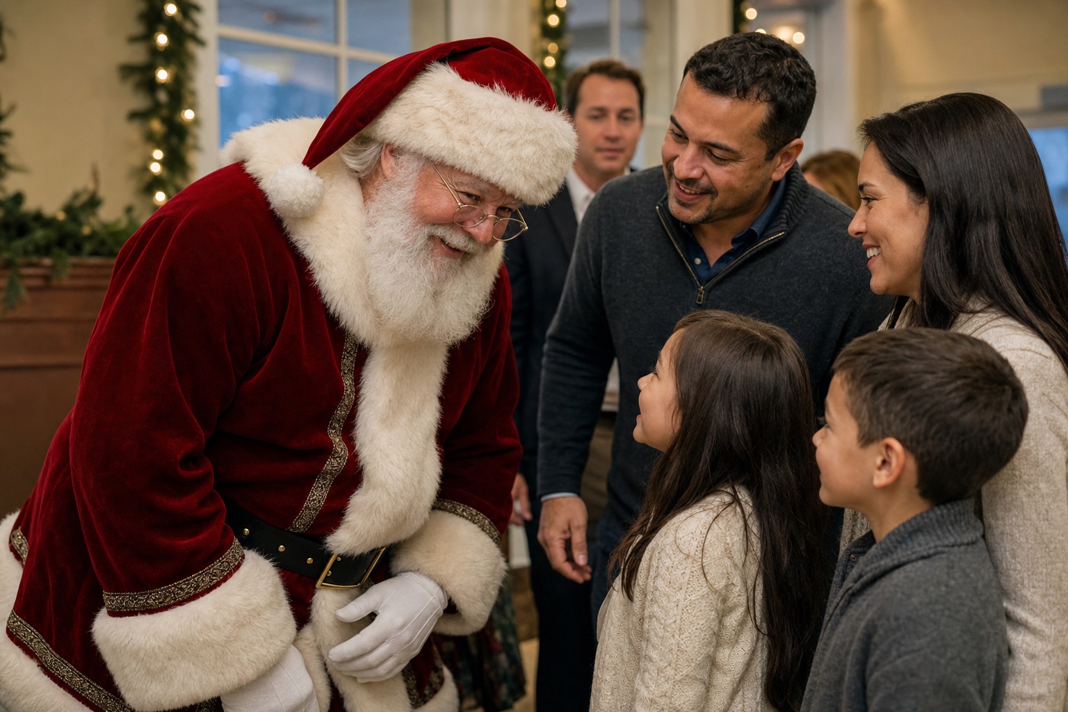 Professional Santa Claus greeting families at a St. Louis Missouri holiday event