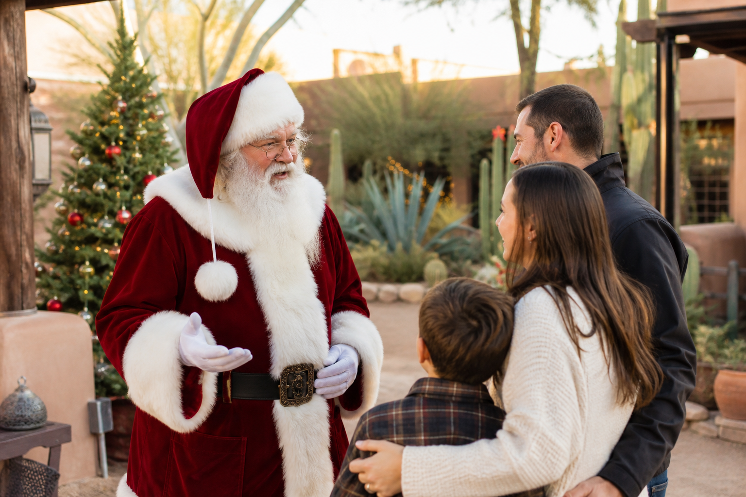Professional Santa Claus welcoming families at a Tucson Arizona community holiday event