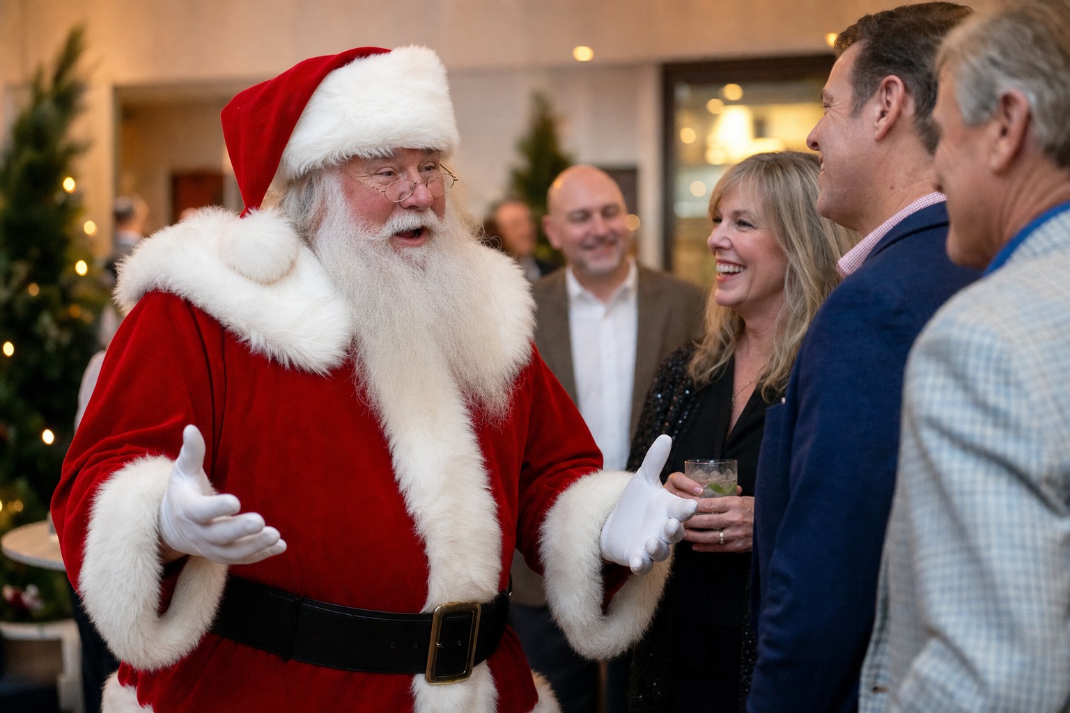 Professional Santa Claus greeting adults at a Tulsa Oklahoma holiday event
