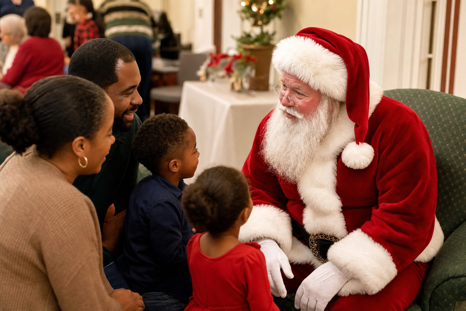 Professional Santa Claus greeting families at a Washington DC holiday event