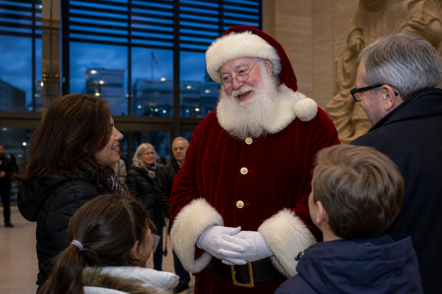 Professional Santa Claus greeting families at a Cleveland Ohio cultural holiday program
